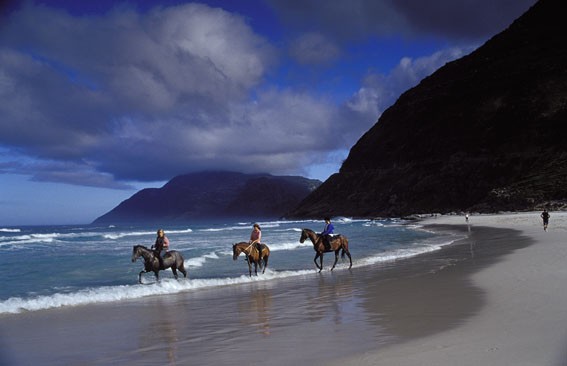 Walking through waves on a Noordhoek beach ride